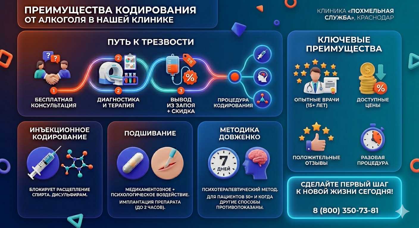 Инфографика о методах кодирования от алкоголя в Муравленко: инъекции, подшивание, метод Довженко. Преимущества клиники и этапы лечения.
