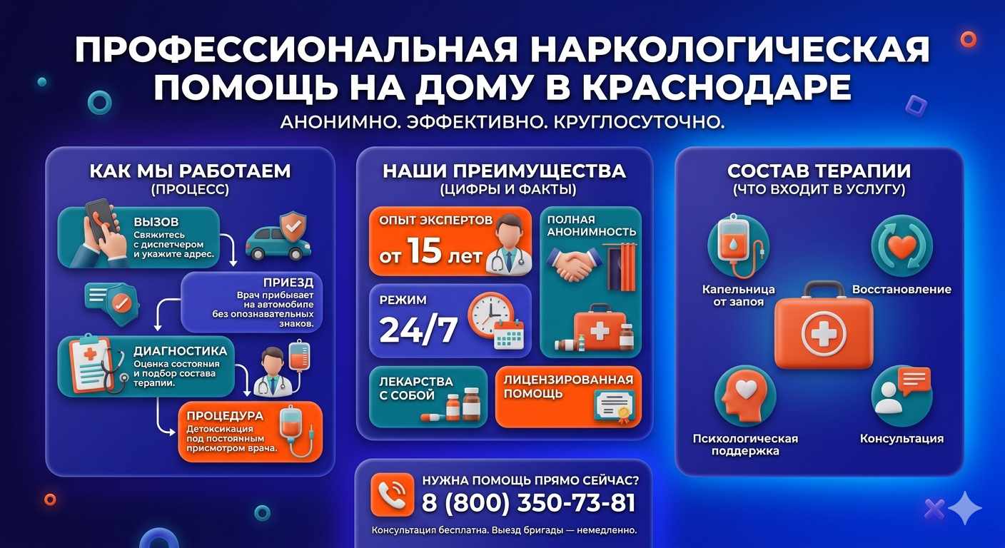 Инфографика о принципах лечения алкоголизма на дому в Муравленко: этапы вызова нарколога, преимущества анонимной детоксикации и состав медицинской помощи.